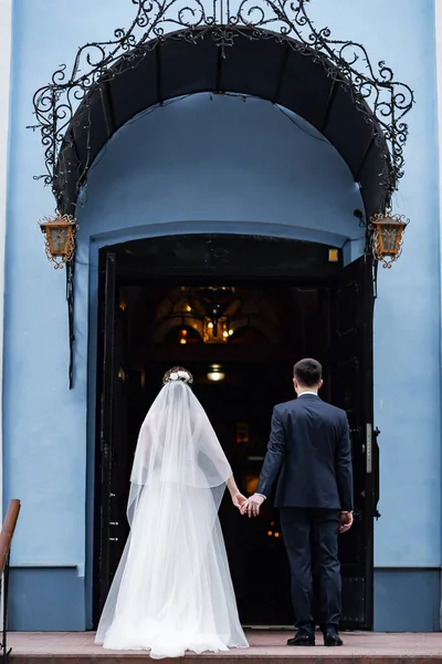 Young Couple Getting Married Church Golden Crown Hands Beautiful Bride — Stock Photo, Image