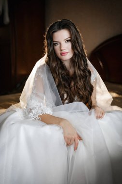 Uzun peçeli, mutlu bir gelin. Karanlık bir odada arka plan ışığı