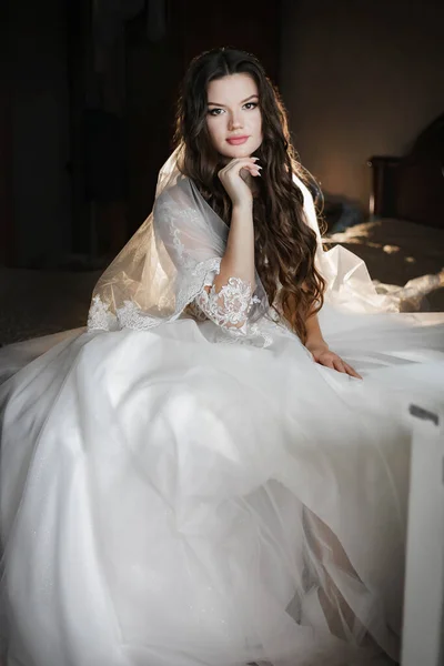 Charming Happy Bride Long Veil Backlight Dark Room — Stockfoto