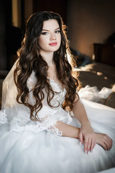 Charming Happy Bride Long Veil Backlight Dark Room — Stockfoto