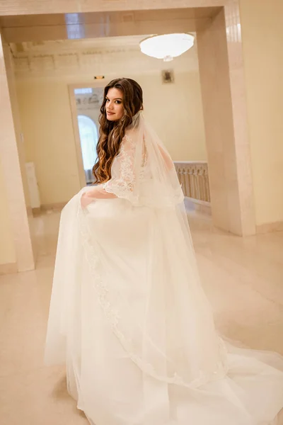 Charming Happy Bride Long Veil Marble Staircase — Stockfoto