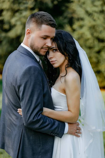 Stylish Wedding Couple Gently Embracing Happy Bride Adorable Groom — Foto de Stock