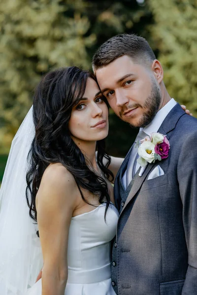 Stylish Wedding Couple Gently Embracing Happy Bride Adorable Groom — Zdjęcie stockowe