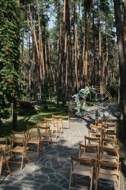 Açık havada çam ormanlarında bir düğün töreninde tahta sandalyeler..