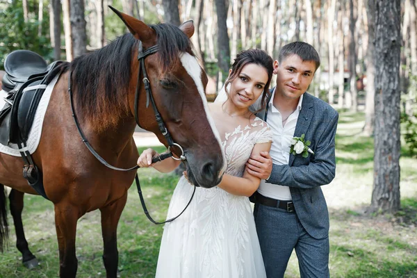 Mladý Manželský Pár Zamilovaný Procházce Lesem Hnědým Koněm — Stock fotografie