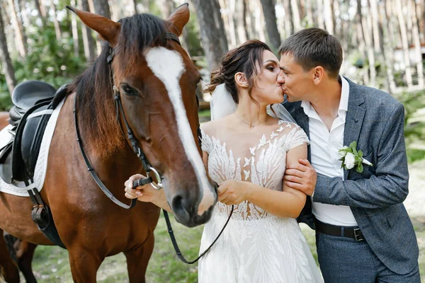 Mladý Manželský Pár Zamilovaný Procházce Lesem Hnědým Koněm — Stock fotografie