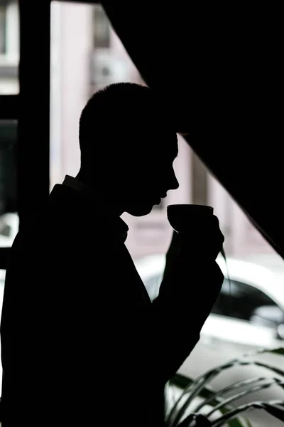 Silhouette Man Cup Coffee His Hands Black White —  Fotos de Stock