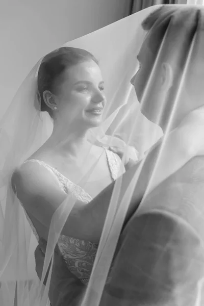 Wedding Couple Covered Veil Hugged Each Other Look Each Other — Fotografia de Stock