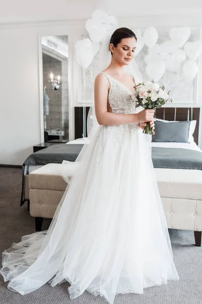 Adorable Gorgeous Bride Poses Hotel Room Daylight Natural Light Spacious — 스톡 사진