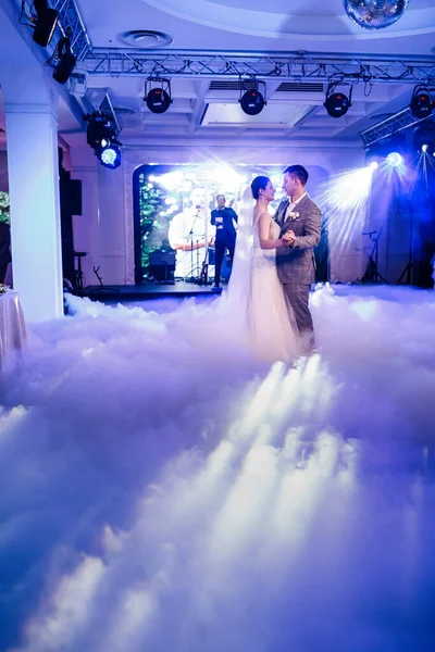 这对新婚夫妇跳舞 舞台上浓浓的浓烟在他们周围飘扬 粉色和蓝色灯 — 图库照片