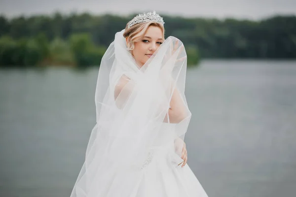 Bezaubernde Blonde Braut Einem Brautkleid Mit Langem Schleier Ein Diadem — Stockfoto