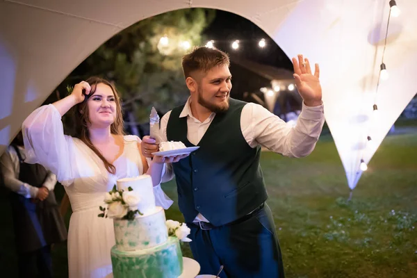 Kurvige Menschen Hochzeitspaar Beim Spaziergang Stilvolle Charmante Braut Bräutigam Grünen — Stockfoto