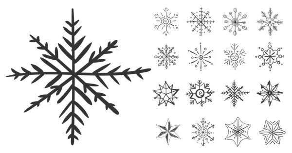 Sneeuwvlokken in doodle, Sneeuwvlok met de hand getekend winter — Stockvector