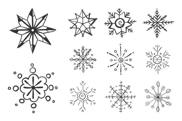 Sněhové vločky v čmáranici, Sněhová vločka ručně kreslená zima — Stockový vektor