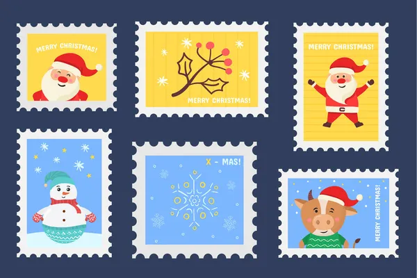 Stel kerstpostzegel, postzegels of stickers in — Stockvector