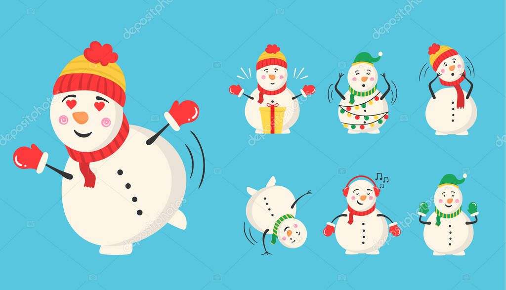 Winter snowman magician with sweets and gifts.