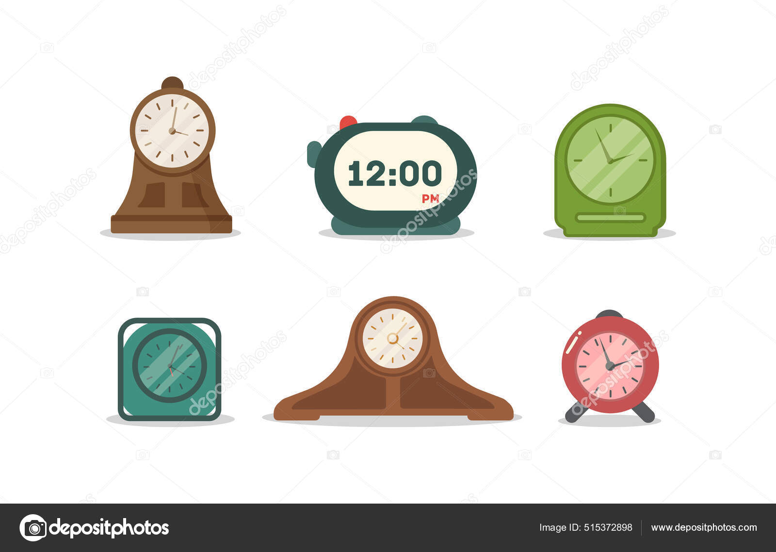 Conjunto de alarma tipos de reloj y hora. Ilustracion de stock 515372898 de Poliashenko