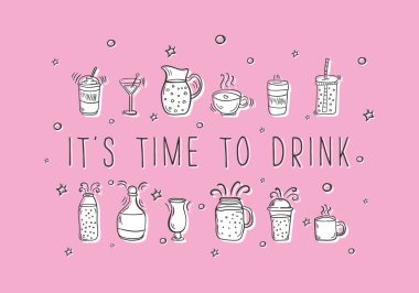 Düz elle çizilmiş karalama tasarımı ile kokteyl.