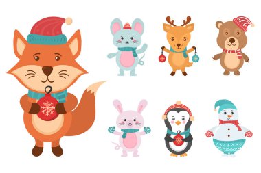Bir grup şirin Noel hayvanı, kardan adam karakteri..
