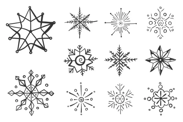 Sněhové vločky v čmáranici, Sněhová vločka ručně kreslená zima — Stockový vektor