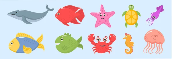 Set animaux marins, créatures sous-marines, poissons de mer. — Image vectorielle