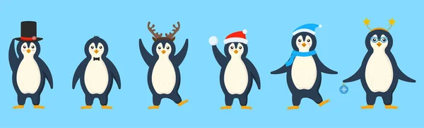 Postacie pingwinów w ciepłych ubraniach w płaskim designie — Wektor stockowy