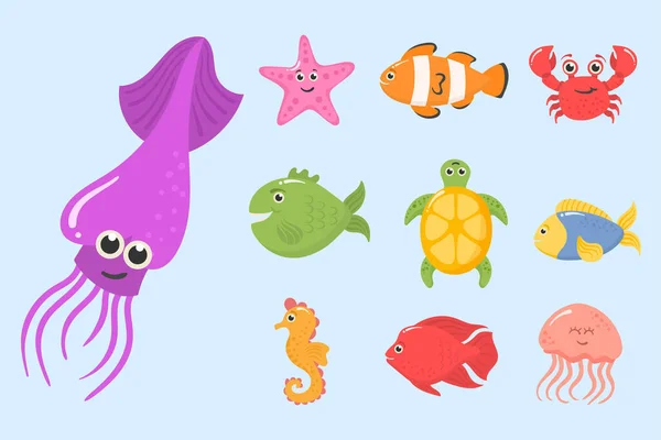 Set de animales marinos, criaturas submarinas, peces marinos. — Vector de stock