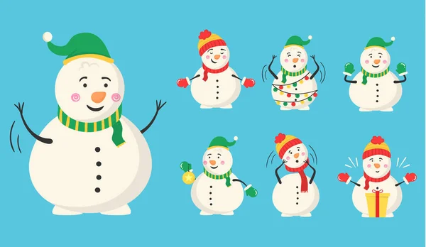 Зимний снеговик с конфетами и подарками. — стоковый вектор