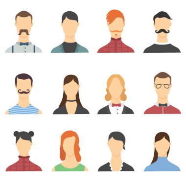  Erkek ve kadın portreleri. Farklı yaşlardaki mutlu insanların avatarları. İnsanlar. 