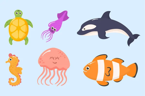 Set de animales marinos, criaturas submarinas, peces marinos. — Vector de stock