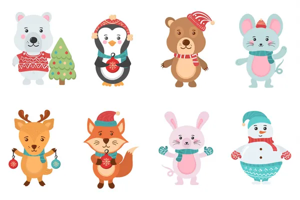 Set de animales lindos de Navidad, muñecos de nieve carácter. — Archivo Imágenes Vectoriales