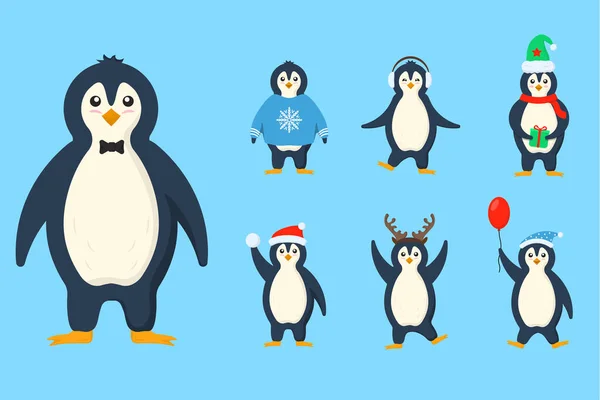 Pinguinfiguren in warmer Kleidung in flachem Design — Stockvektor