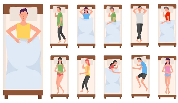 Personaje de la gente durmiendo en la cama, mujer, hombre durmiendo — Vector de stock