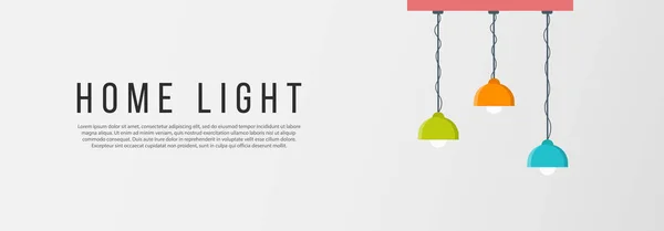 Lampen lichten op. Meubelkroonluchter, vloer- en tafellamp. Zakelijke reclame banner met plaats voor uw tekst. — Stockfoto