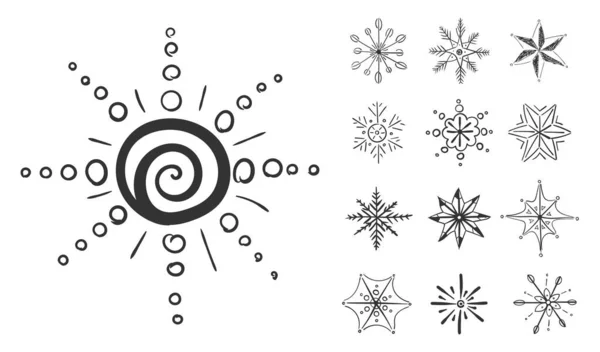 Copos de nieve en garabato, Copo de nieve mano dibujado invierno — Archivo Imágenes Vectoriales