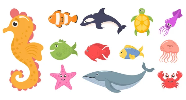 Set animaux marins, créatures sous-marines, poissons de mer. — Image vectorielle