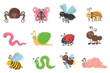 Sevimli böcek karakterleri, böcek solucanları, düz böcek..