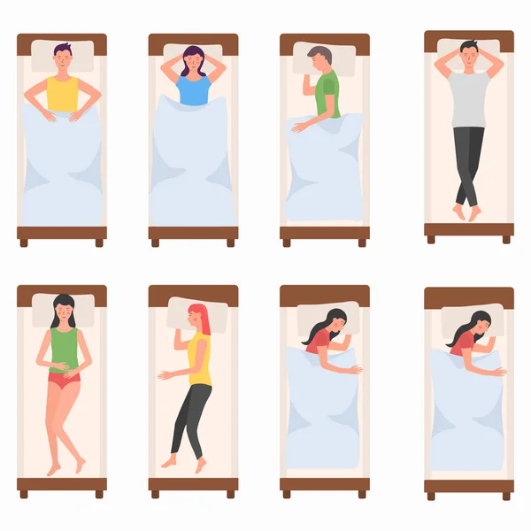 İnsanlar yatakta uyuyan karakterler, kadın, erkek uyur — Stok Vektör