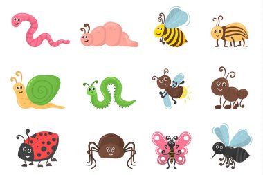 Sevimli böcek karakterleri, böcek solucanları, düz böcek..