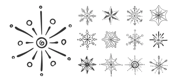 Flocons de neige dans doodle, flocon de neige dessiné à la main hiver — Image vectorielle