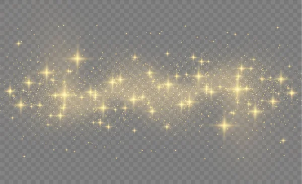 Navidad amarillo luz estrella polvo, chispas de oro. — Vector de stock