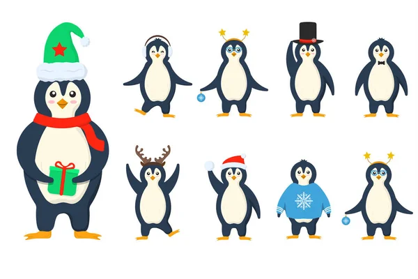 Πιγκουίνοι χαρακτήρες σε ζεστά ρούχα σε επίπεδη σχεδίαση — Διανυσματικό Αρχείο