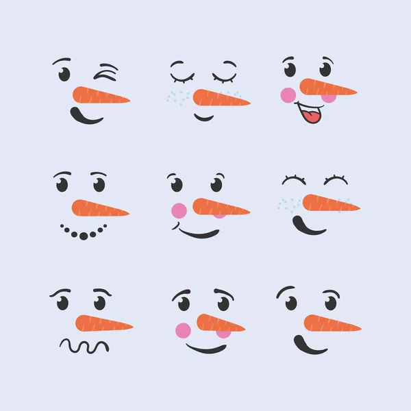 Kerst sneeuwpop gezichten winter met de hand getekend doodle. — Stockvector