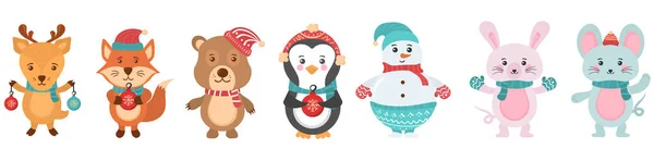 クリスマスのかわいい動物のセット、雪だるまのキャラクター. — ストックベクタ