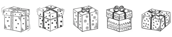 Caixa de presente de Natal na mão desenhado doodle design. —  Vetores de Stock