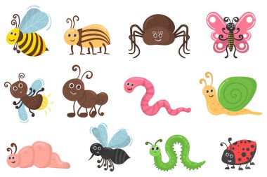 Sevimli böcek karakterleri, böcek solucanları, düz böcek..