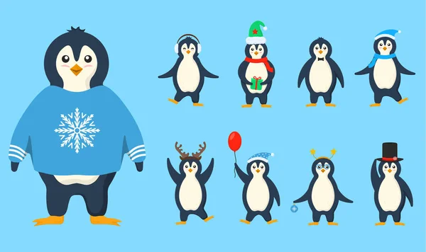 Penguins characters in warm clothes in flat design — Stock Vector