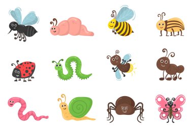 Sevimli böcek karakterleri, böcek solucanları, düz böcek..