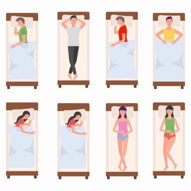 İnsanlar yatakta uyuyan karakterler, kadın, erkek uyur