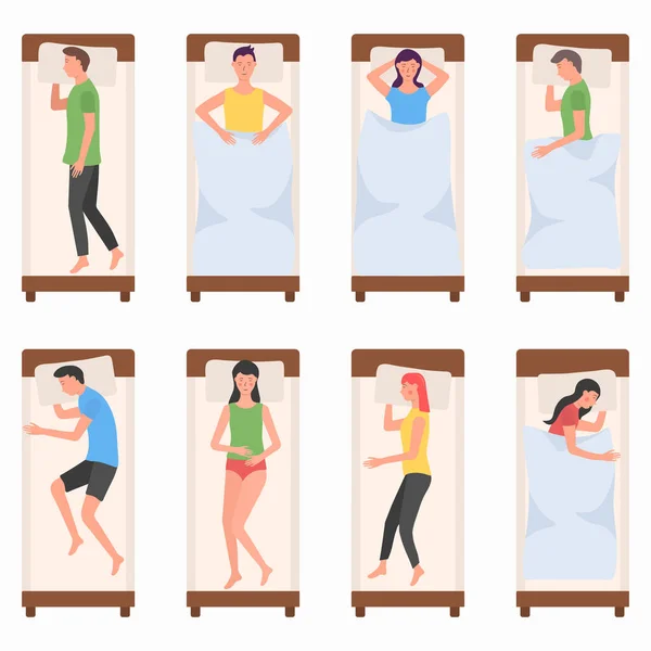 Mensen karakter slapen in bed, vrouw, man slapen — Stockvector